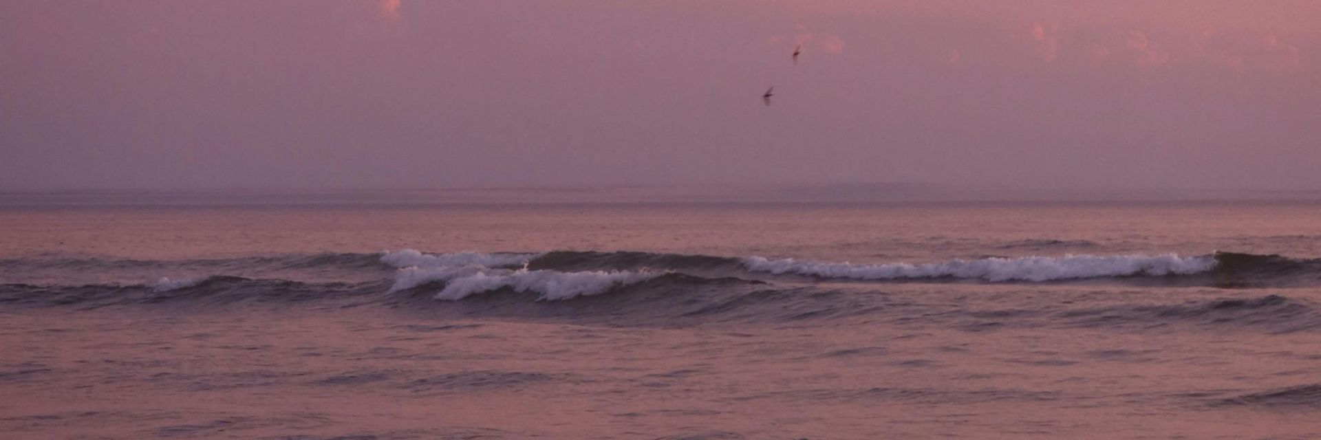 Peaceful pink sunset at Lacanau beach in Nouvelle-Aquitaine, France, capturing waves and serene atmosphere.